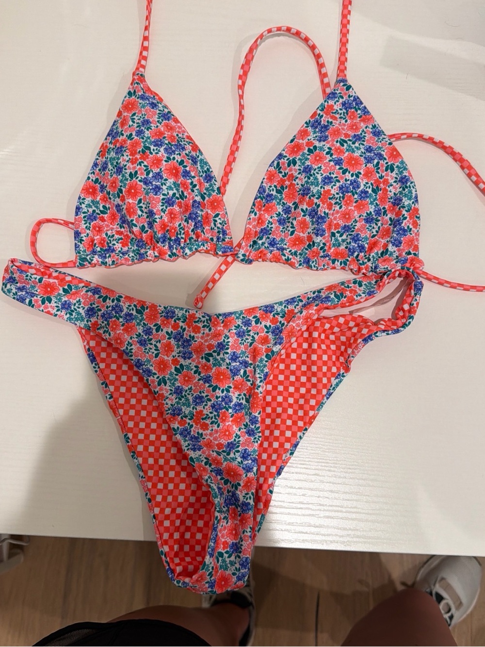 SHEIN Red Floral Check Triangle Bikini Set